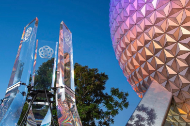 First Look at New EPCOT Entrance Fountain Pylons