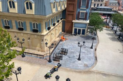 PHOTOS: Construction Continues on the France Pavilion Expansion in EPCOT; Light Fixtures and Benches Added