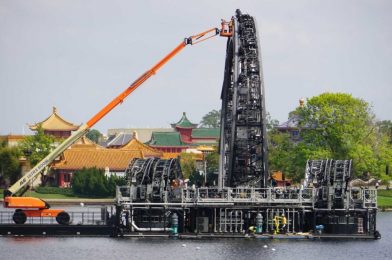 PHOTOS: Workers Use Boom Lifts to Continue Harmonious Centerpiece Work in EPCOT’s World Showcase Lagoon