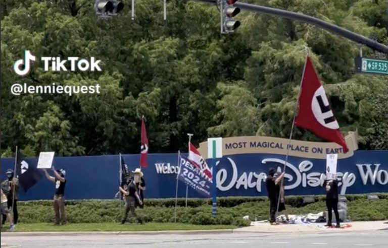 VIDEO Nazis Wave Swastikas DeSantis 2024 Flags Yell White Power   Disney Springs Nazis June 2023 768x492 