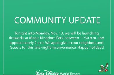 Disney Advises Locals of Late Night Fireworks at Magic Kingdom on November 12