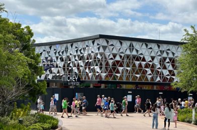 Mickey & Friends Meet and Greet Marquee and Lightning Lane Sign Installed on CommuniCore Hall in EPCOT